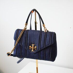TORY BURCH KIRA SMALL QUILTED DENIM SATCHEL BAG